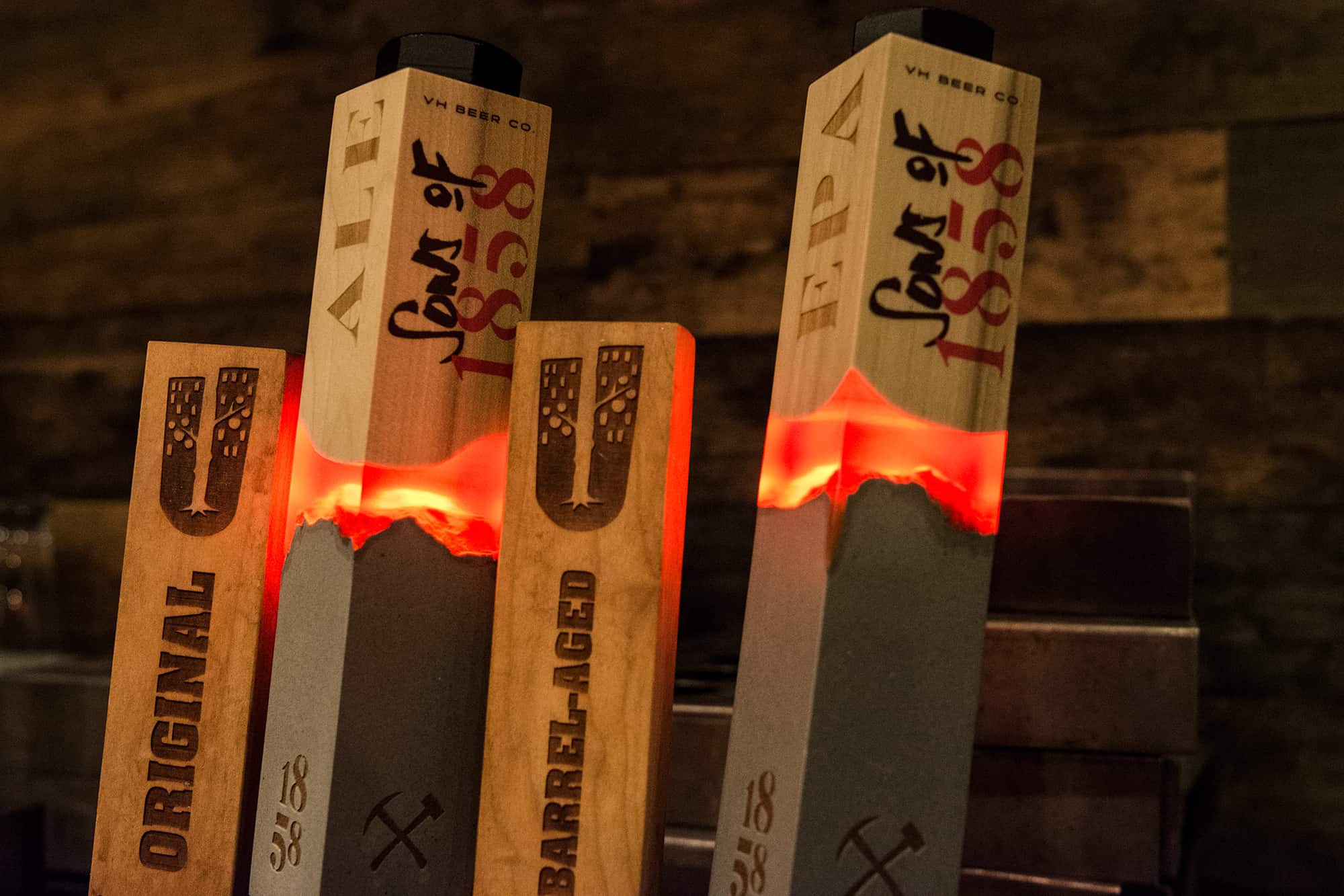 Sons of 1858 craft beer branding, packaging and design custom tap handles