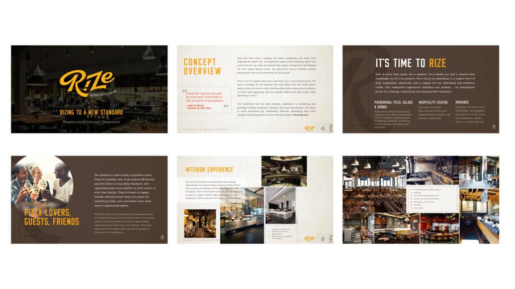 Rize Artisan Pizza fast casual restaurant branding and concept development concept pitch deck slides