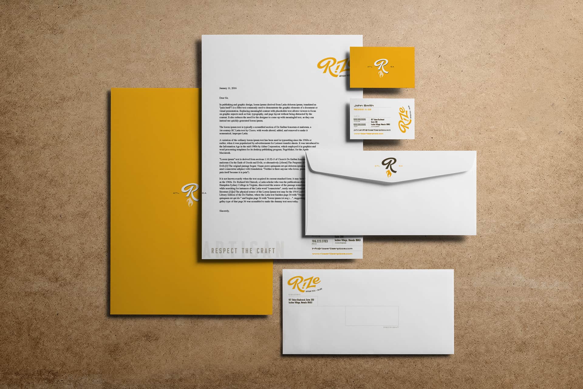 Rize Artisan Pizza fast casual restaurant branding and concept development stationery and identity design