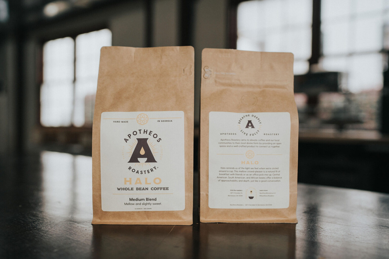 Apotheos Coffee Roastery branding whole bean coffee packaging design