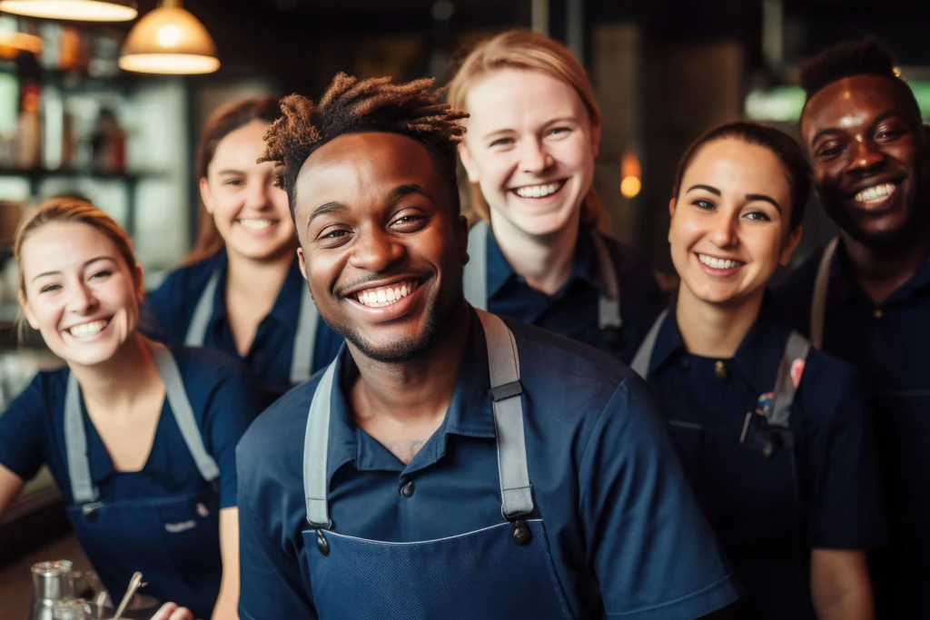A group of happy restaurant employees in redesigned interior