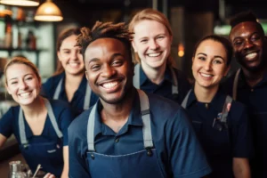 A group of happy restaurant employees in redesigned interior