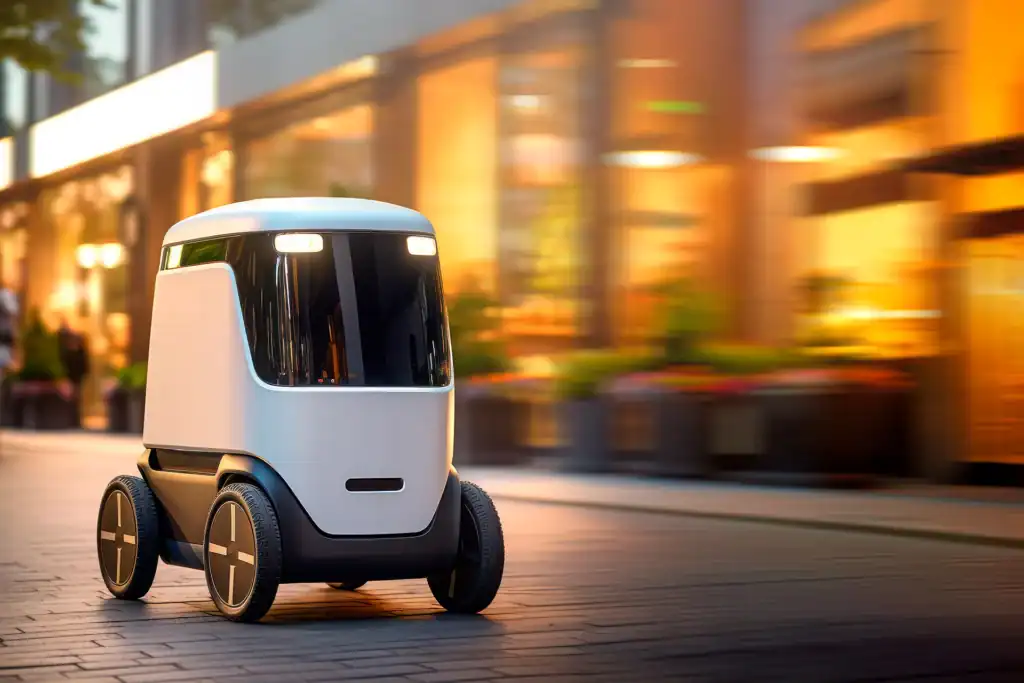 Autonomous food delivery robot driving on a city sidewalk at dusk, surrounded by blurred storefronts and lights.