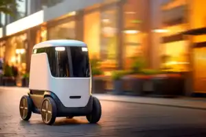 Autonomous food delivery robot driving on a city sidewalk at dusk, surrounded by blurred storefronts and lights.