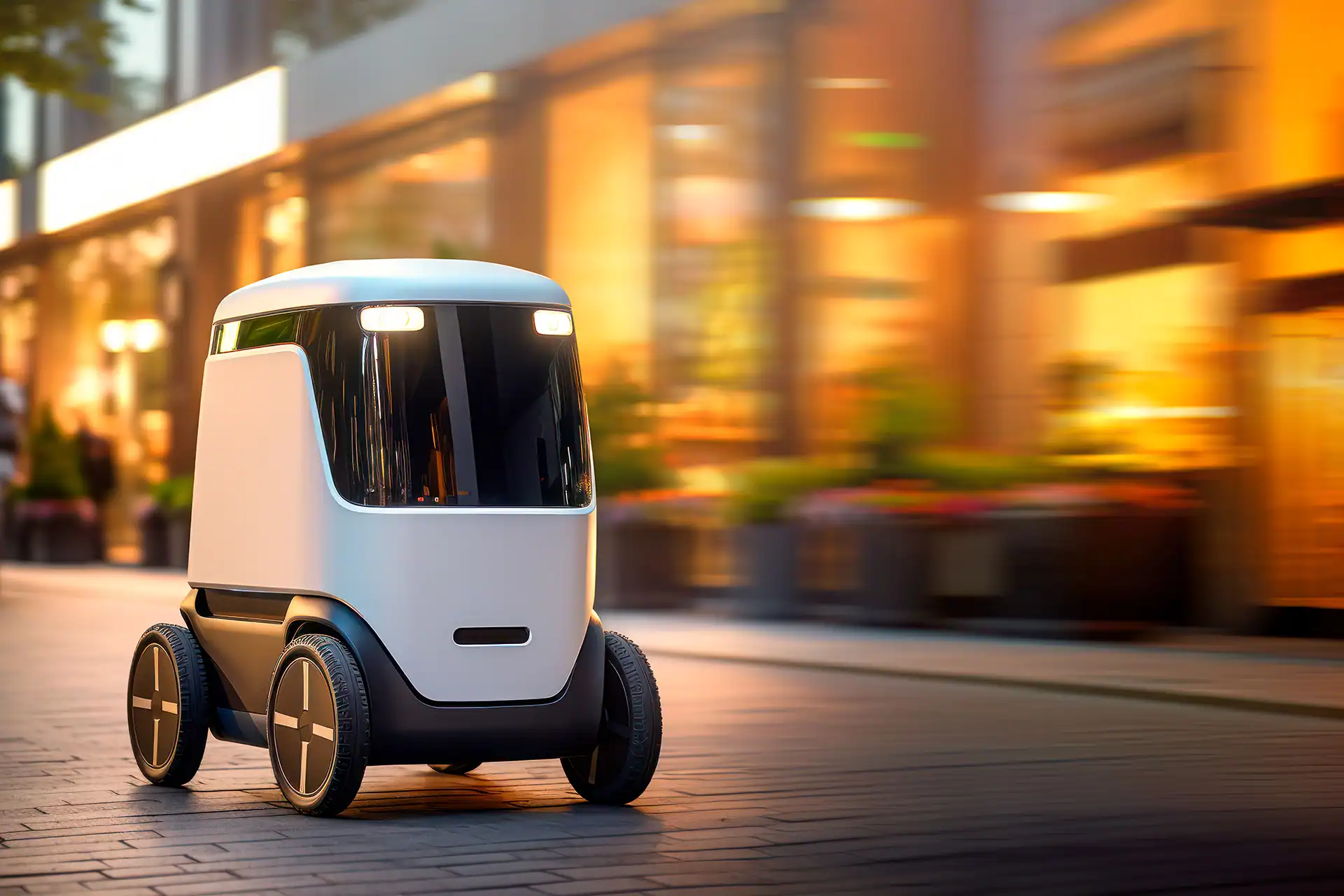 Autonomous food delivery robot driving on a city sidewalk at dusk, surrounded by blurred storefronts and lights.