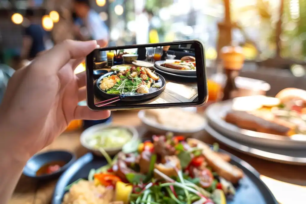 Person taking a photo of a colorful restaurant meal with a smartphone, emphasizing social media influence on dining decisions, especially Millennials & Gen Z.
