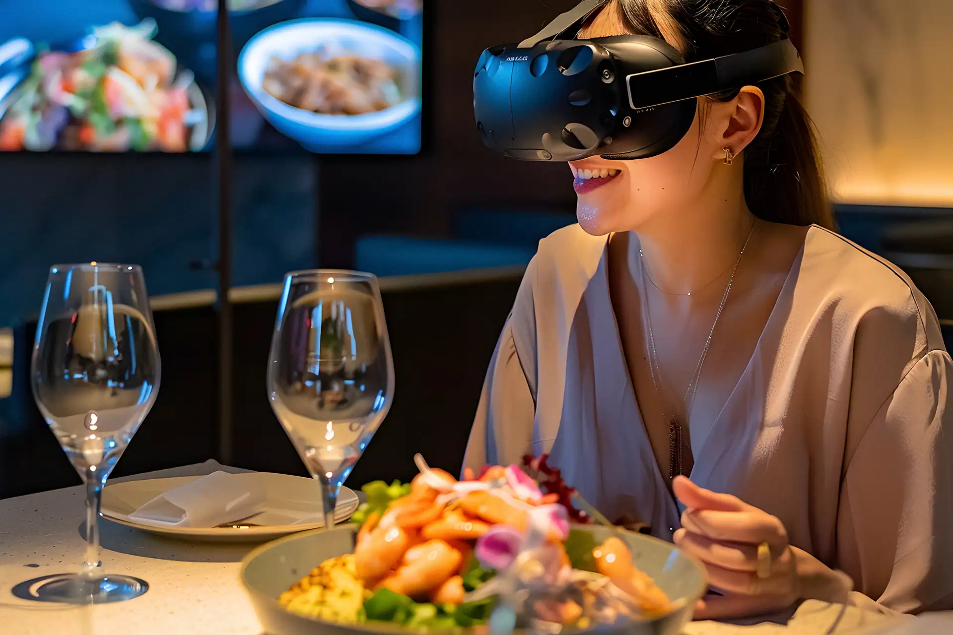 A restaurant utilizing experiential dining through a virtual reality (VR) headset to attract diners and differentiate themselves amongst competitors.