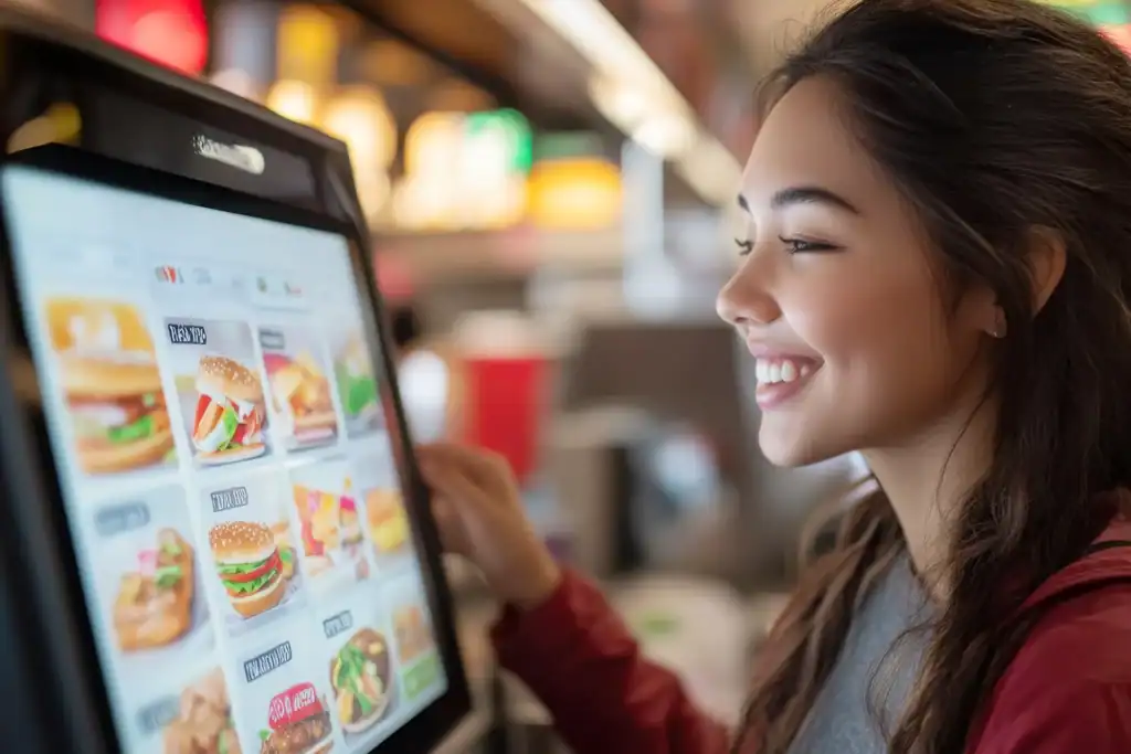 Person engaging with a kiosk (interactive disruption) in a restaurant, selecting their meal.